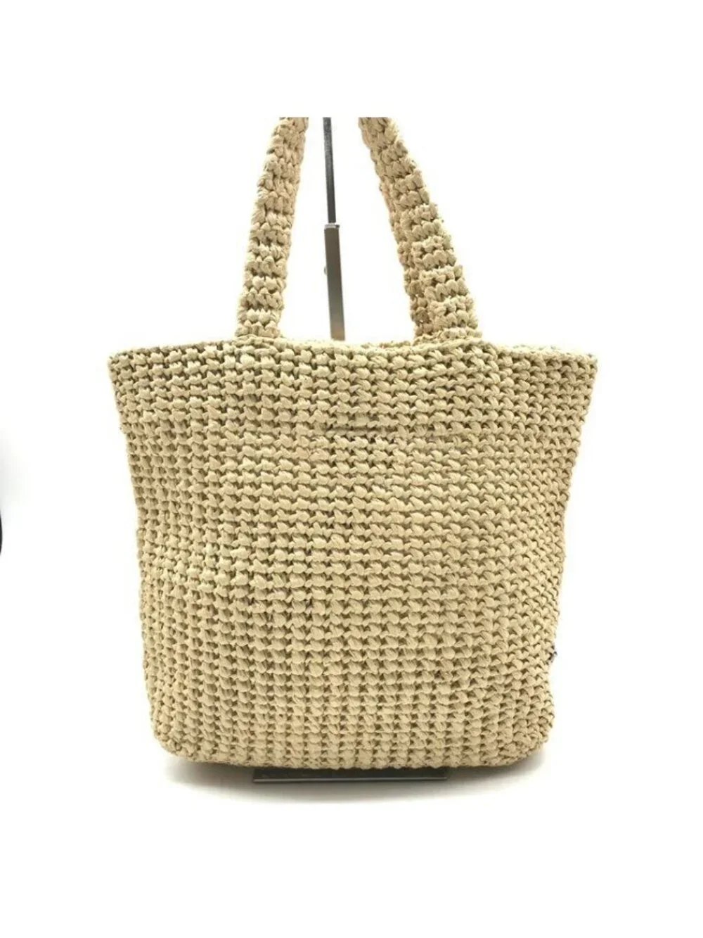 Prada Raffia Tote Shoulder Basket Crochet Logo Embroidery